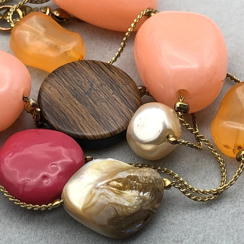 Long Beaded Station Necklace 48 in Multicolor Pearl Wood Glass Acrylic Gold Tone